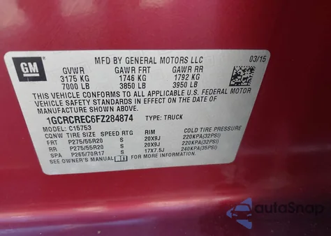 2015 Chevrolet Silverado 1500 1Lt from USA, damaged, VIN 1GCRCREC6FZ284874